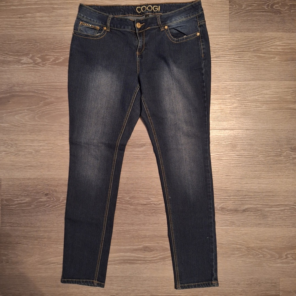 Coogi Womens Dark Wash Skinny Jeans Gold Cross Embroidery Size 16W